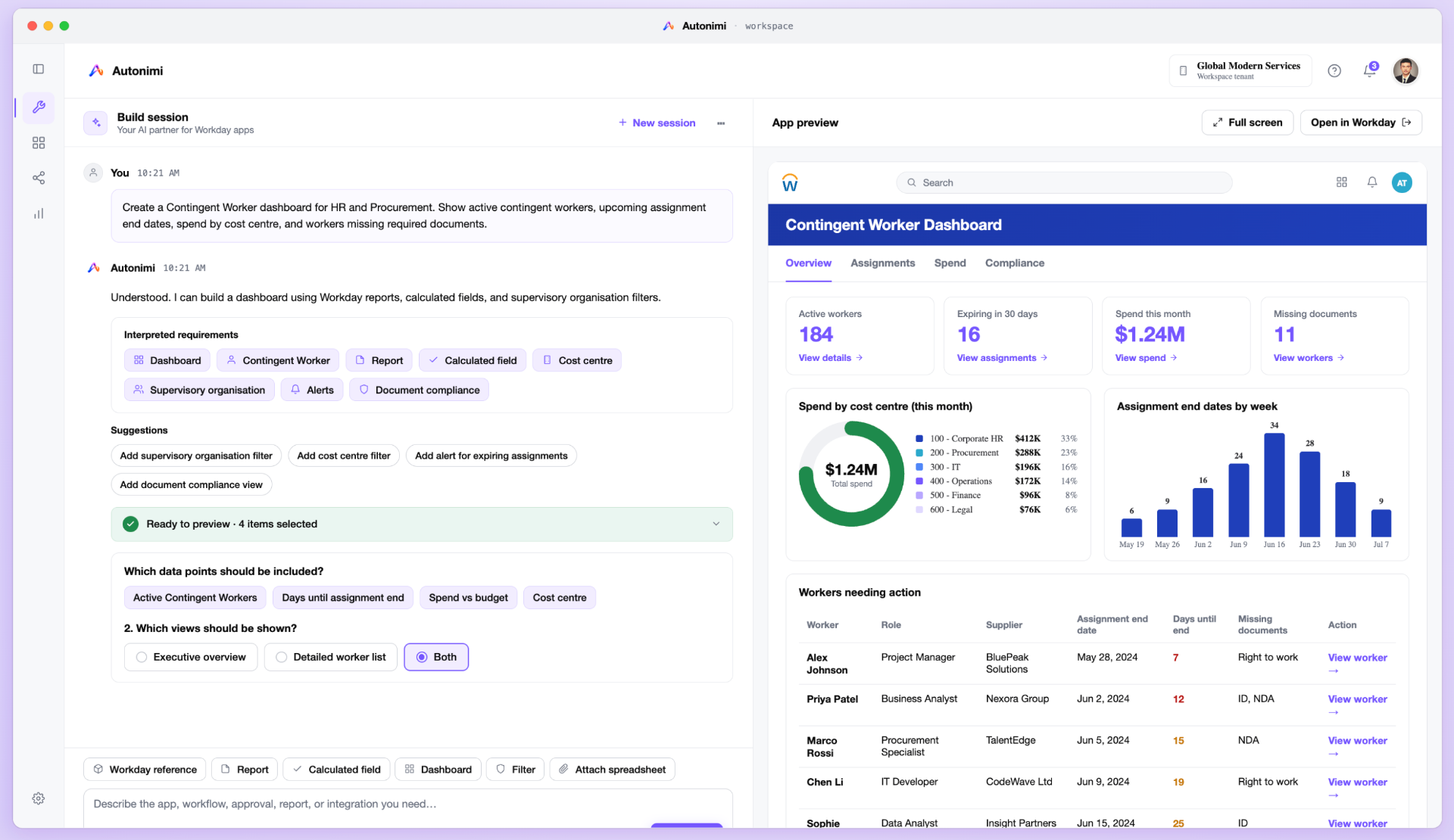 Autonimi chat experience turning a business prompt into a Workday Extend solution