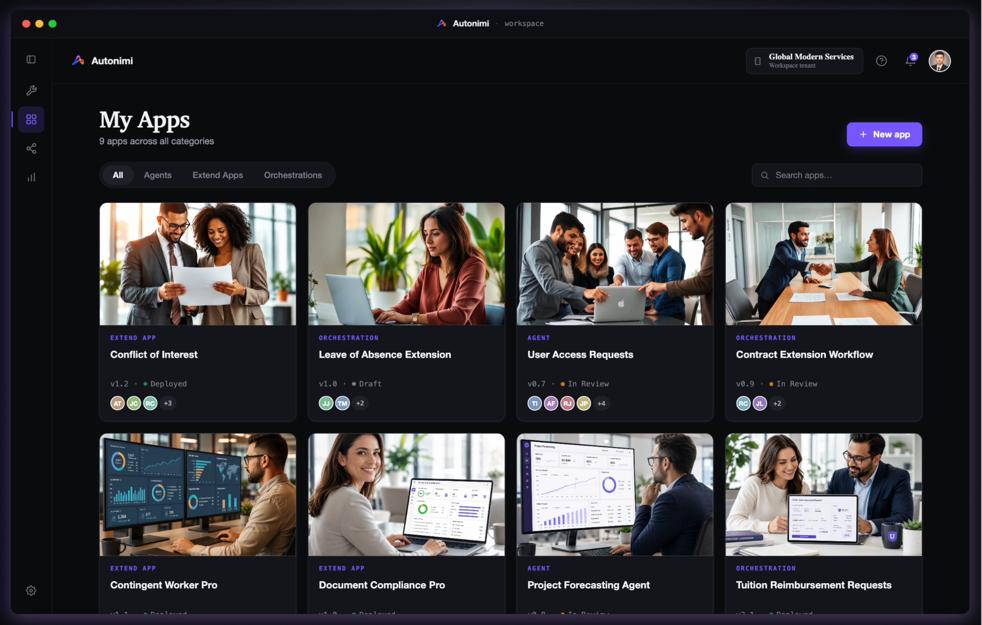 The Autonimi app library showing apps, agents, orchestrations and documents