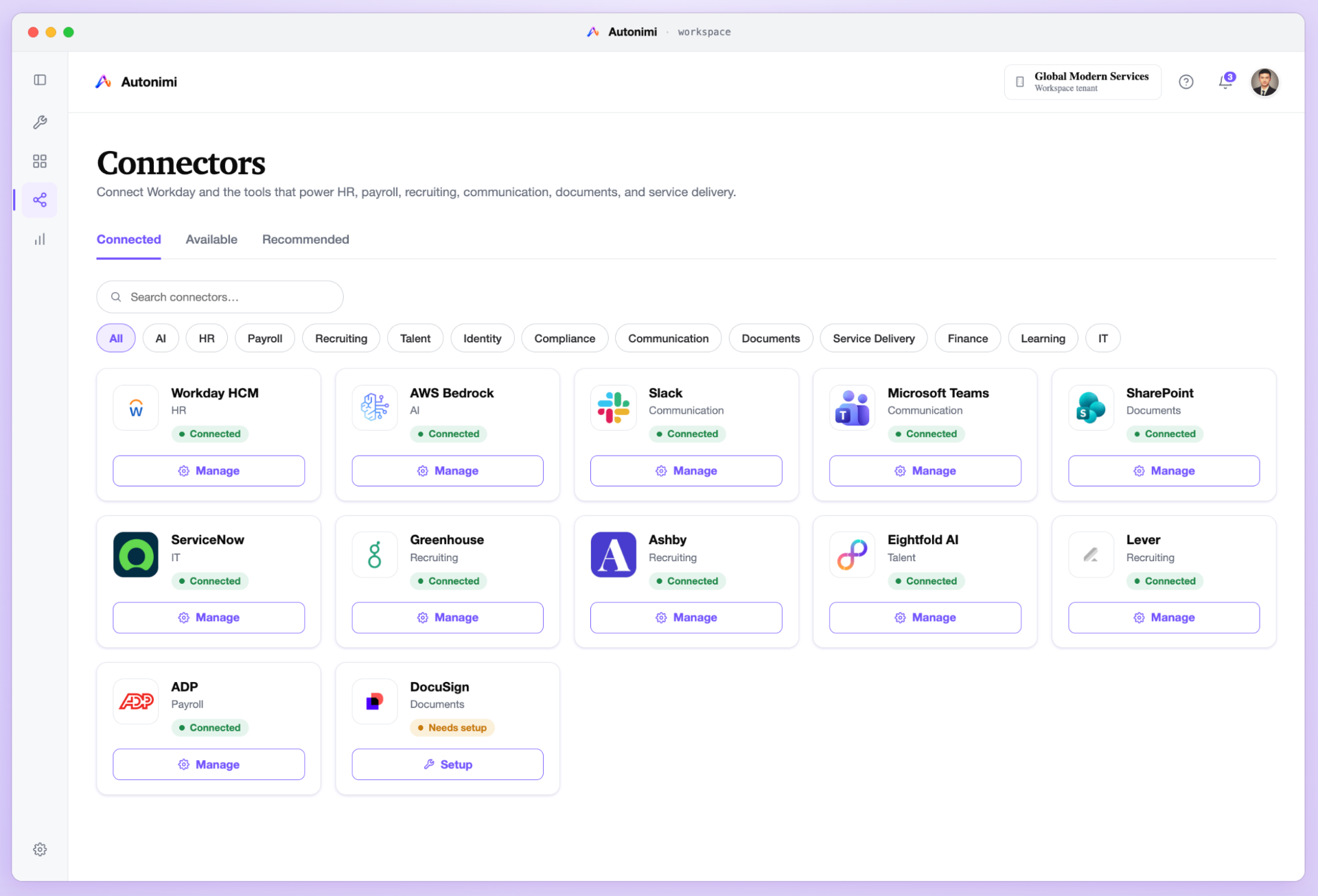 Autonimi connecting Workday Extend solutions to ServiceNow, Microsoft Teams, Slack, DocuSign, Eightfold, Flowise, Sana and the Workday AI Gateway